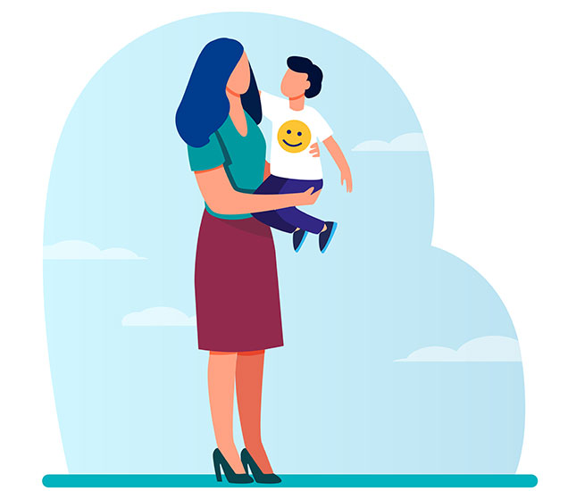 Vector graphic of a mother holding a toddler in arms in front of blue skies