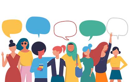 A vector graphic of a line of culturally diverse people interlocking arms, with coloured speech bubbles above their heads to represent conversation