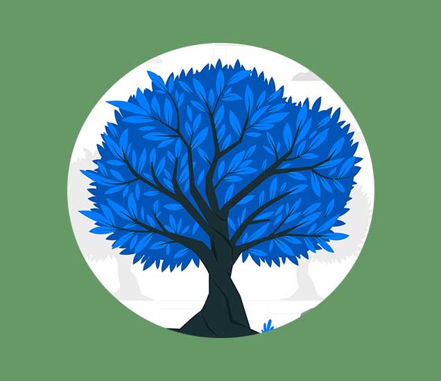 Vector image of a fully grown tree with a dark grey trunk and blue leaves